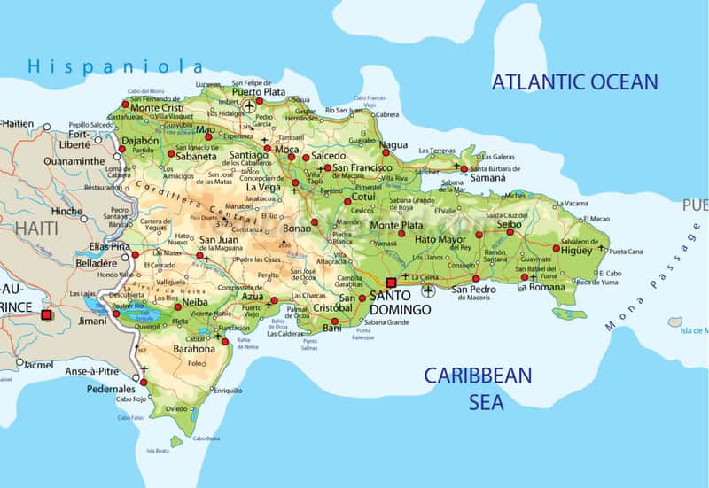 Карта Доминиканы с её городами и омывающими морями